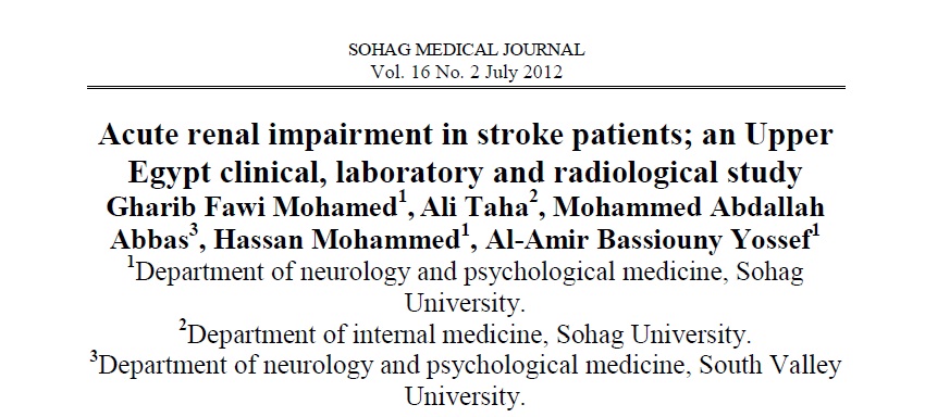 Acute renal impairment in stroke patients; an Upper Egypt clinical, laboratory and radiological study
